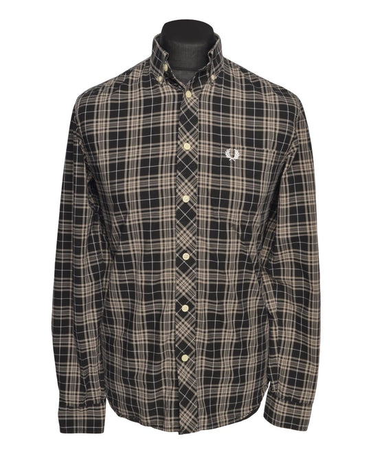 FRED PERRY Shirt Back Beige Check Cotton Men's Button Down Size S