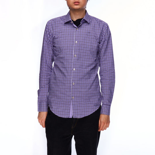 HUGO BOSS Dress Shirt Purple Check Cotton Men's Button Up Size 38
