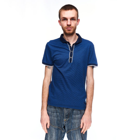 STRELLSON Polo Shirt Navy Striped Cotton Men's Slim Fit Size S