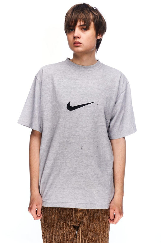 Vintage NIKE T-Shirt Gray Cotton Men's Short Sleeve Big Central Logo Tee Size M
