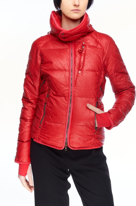 KRU Down Puffer Jacket Red Women's High Collar Thumb Holes Size XS