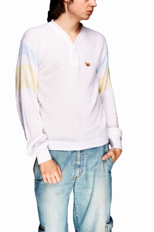 GIORGIO ARMANI Button Neck Sweater Beige Men's Waffle Pullover Size 7