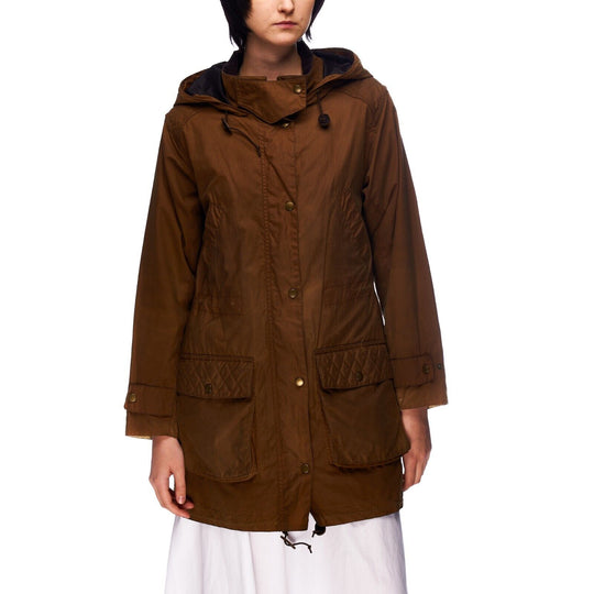 BARBOUR Lambley Jacket Brown Wax Cotton Women's Hooded Parka Size 10 UK / 6 US