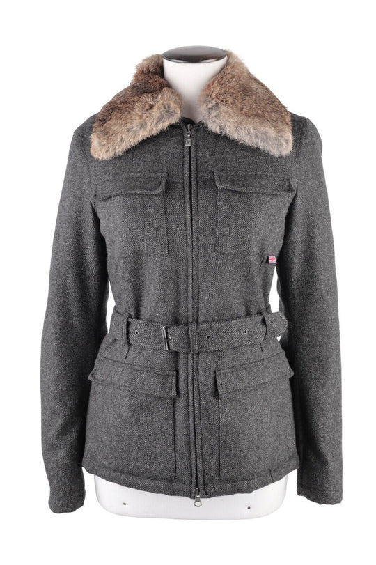 BELSTAFF Jacket Gray Cashmere Goat Hair Women's Fur Collar Belted Coat Size 44