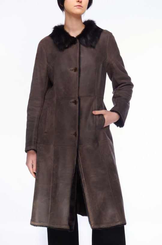 INES MARECHAL Coat Brown Lambskin Leather Women's Long Jacket Fur Collar Size 38