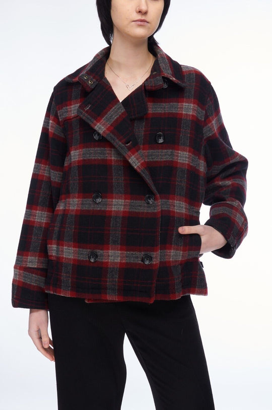 WOOLRICH Short Coat Red Black Plaid Wool Women's Double Breasted Jacket Size M