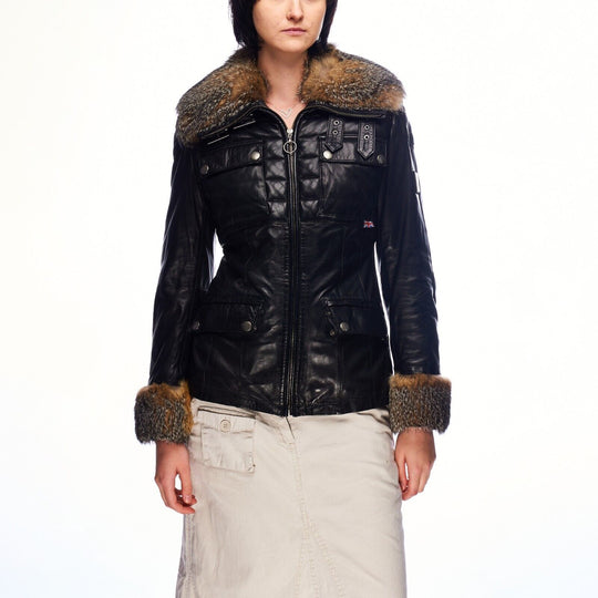 BELSTAFF Jacket Black Leather Full Zip Fur Trim Womens Size M