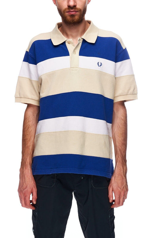 FRED PERRY Polo Shirt Blue Striped Pique Cotton Men's Short Sleeve Size M