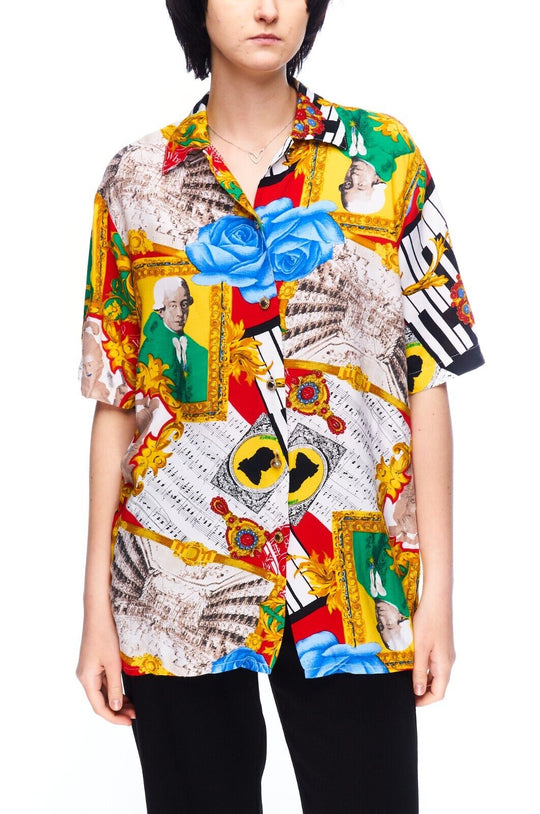Vintage Shirt Multicolored Music Print Women's Short Sleeve Blouse Top Size ~M