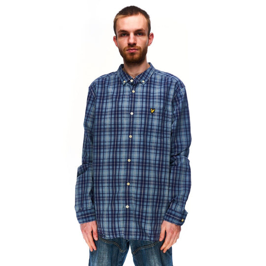 LYLE & SCOTT Shirt Navy Blue Check Cotton Men's Button Down Size XL