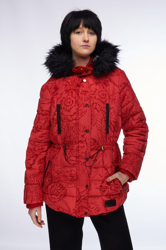 DESIGUAL Hooded Jacket Red Women's Puffer Parka Size 44