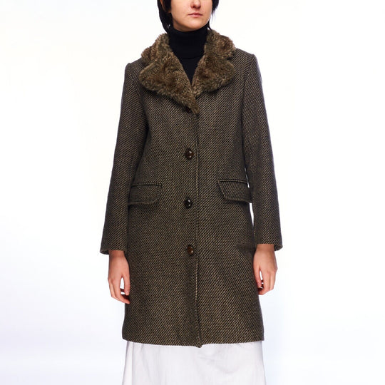 GANT Coat Grey Wool Women's Faux Fur Collar Overcoat Size S