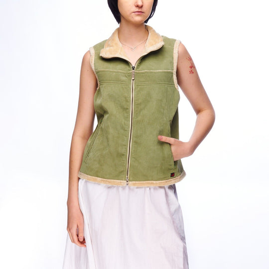 WOOLRICH Full Zip Vest Green Corduroy Faux Fur Women's Waistcoat Size M