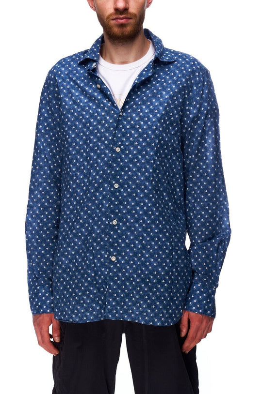 FINAMORE Napoli Dress Shirt Blue Floral Cotton Men's Button Up Size 16 / 41