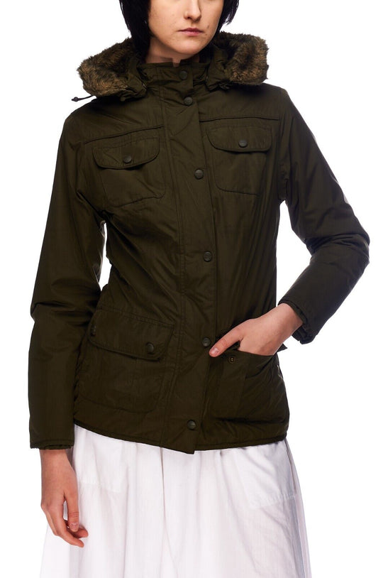 BARBOUR Utility Hooded Jacket Khaki Green Women's Waterproof Parka Size 8 UK