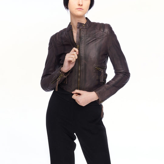 ALLSAINTS Short Biker Jacket Brown Leather Women's Size 10 UK / 8 US