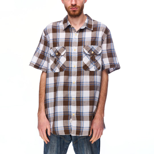 WOOLRICH Shirt Brown Check Cotton Men's Short Sleeve Size XXL