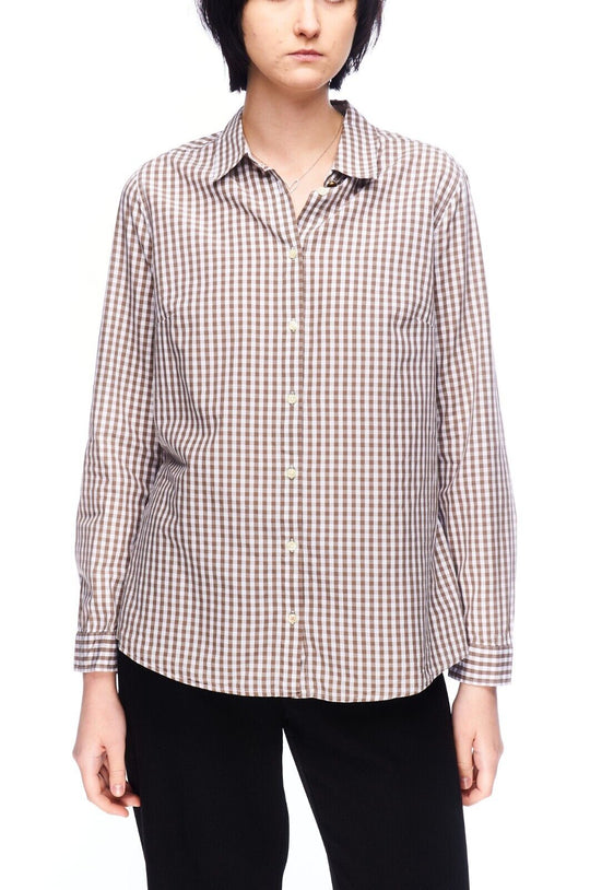 BARBOUR Shirt Brown White Check Cotton Women's Button Up Size 40 / 14 UK / 10 US