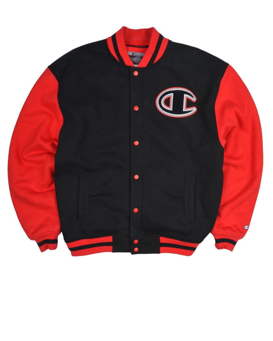 CHAMPION Varsity Bomber Jacket Black Red Cotton Men's Big Logo Size L