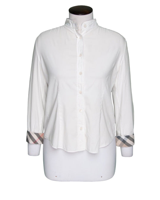 BURBERRY London Shirt White Cotton Women's Nova Check Cuffs Band Neck Size S