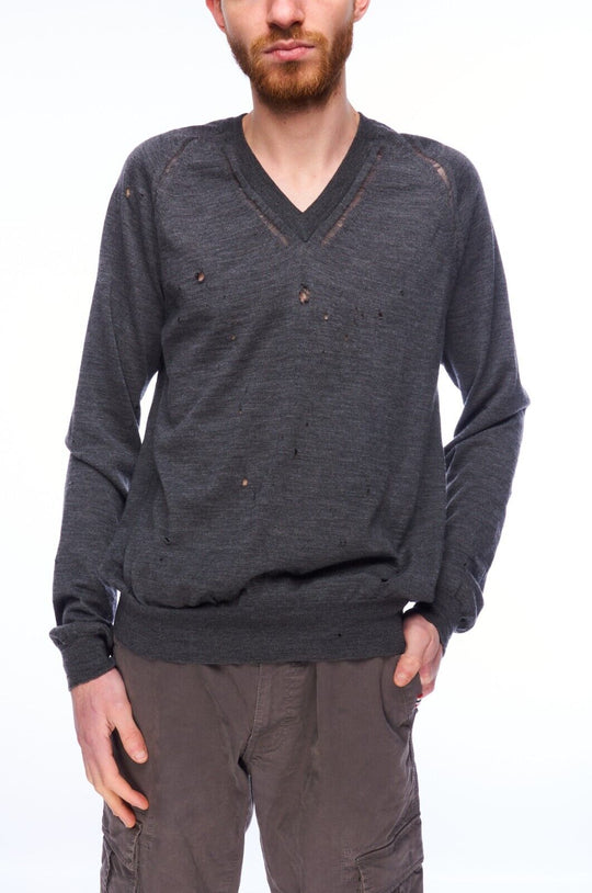 DIOR HOMME V-Neck Sweater Gray Wool Men's Knit Jumper Torn Effect Size L