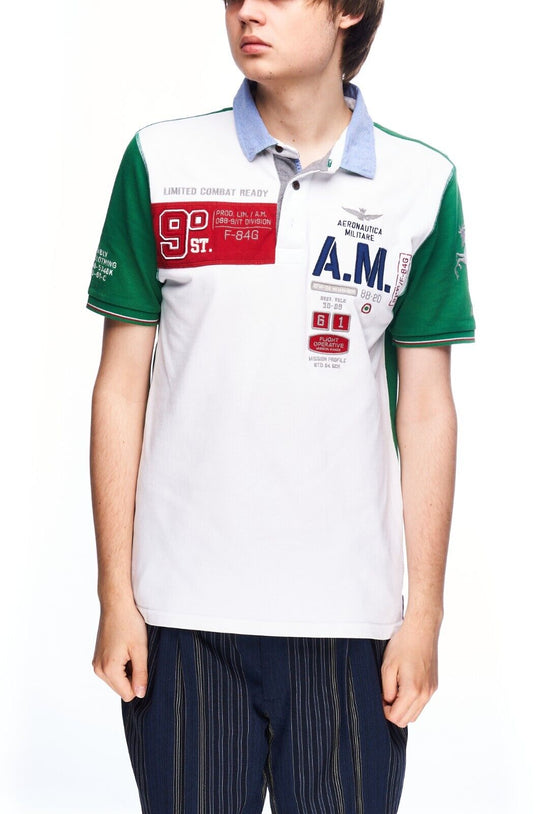 AERONAUTICA MILITARE Polo Shirt White Green Pique Cotton Men's Size M