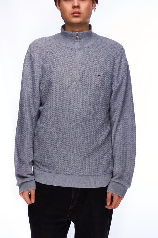 GANT Zip Neck Sweater Gray Cotton Men's Knit Jumper Size L