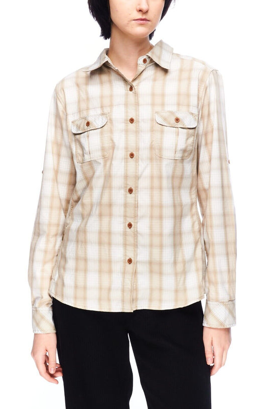 THE NORTH FACE Shirt Beige Check Nylon Women's Button Up Stretch Boulde Size L
