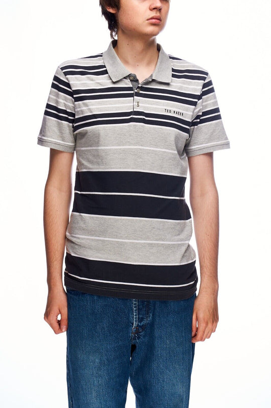 TED BAKER Polo Shirt Grey Striped Cotton Men's Short Sleeve Size 3 / M