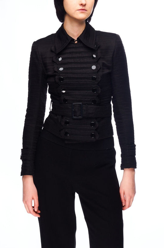 BURBERRY Prorsum Officer Belted Jacket Black Viscose Silk Womens Military Size S