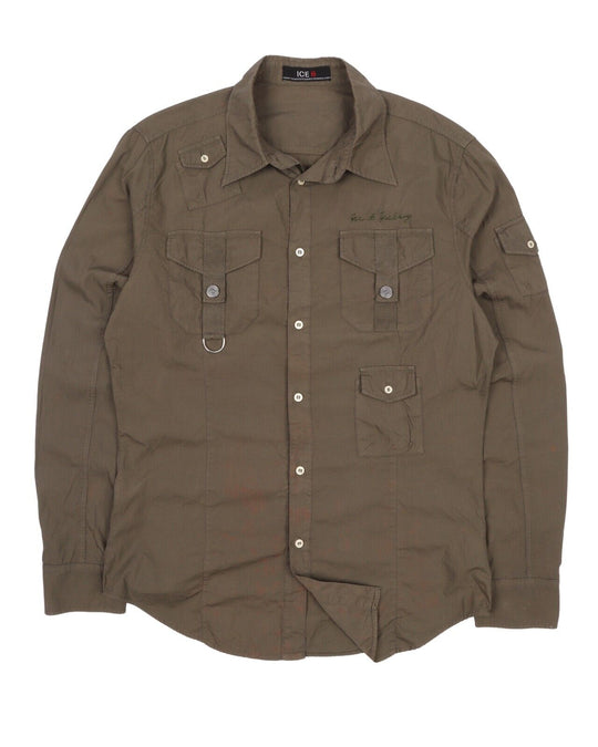 ICEBERG Shirt Olive Brown Cotton Men's Multipocket Size XL