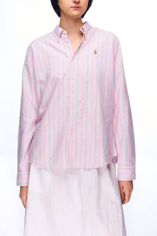 RALPH LAUREN Shirt Blue Stripes Cotton Women's Button Down Slim Fit Size 12 / L