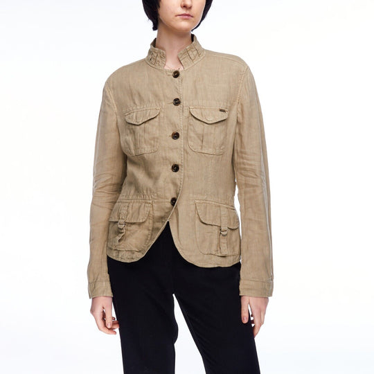 TRUSSARDI JEANS Jacket Beige Linen Women's Military Safari Blazer Size 44