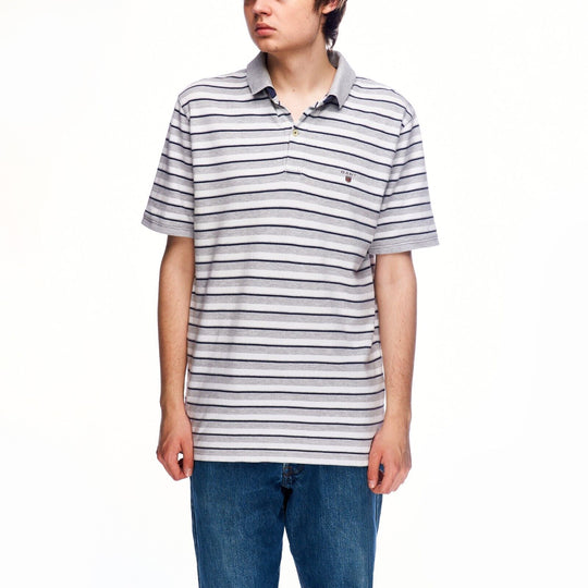 GANT Polo Shirt Blue Striped Pique Cotton Mens Short Sleeve Size L