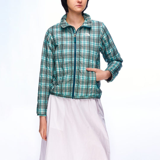 THE NORTH FACE Puffer Jacket Blue Green Check Women's Outdoor Coat Size XS