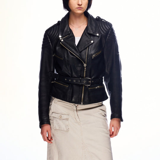 VINTAGE Jacket Black Epaulette Belted Biker Leather Womens Size 44