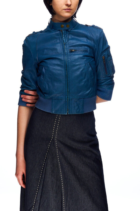 ALLSAINTS Cropped Tab Neck Bomber Jacket Blue Short Women's Size 10 UK / 38 EU