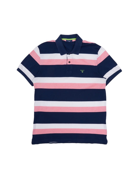 GANT Polo Shirt Blue Striped Pique Cotton Men's Short Sleeve Size L