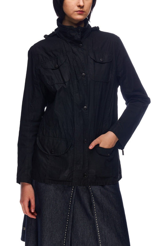 BARBOUR Hooded Jacket Black Wax Cotton Women's Multipocket Size 14 UK / 40