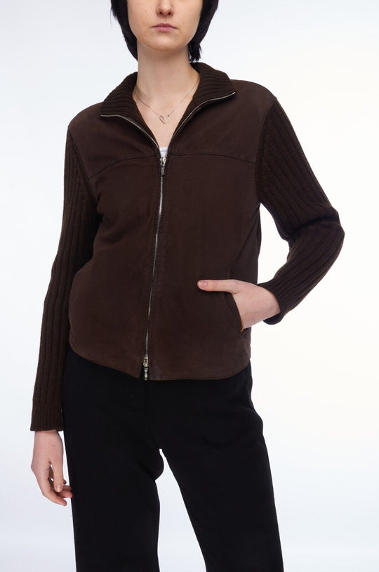 LORO PIANA Full Zip Sweater Brown Leather Cashmere Women's Knit Cardigan Size 42