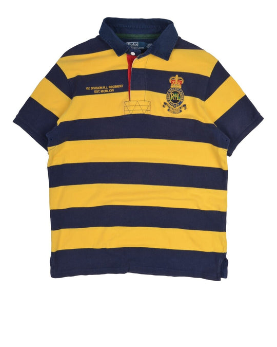 RALPH LAUREN Polo Shirt Navy Yellow Striped Pique Cotton Men's Custom Fit Size L