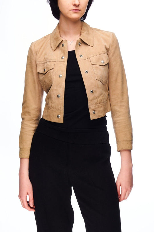 ALLSAINTS Cropped Lavelles Jacket Beige Leather Suede Women's Size 4 UK / 32 EU