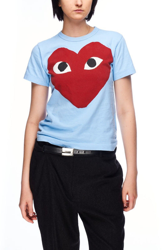 COMME DES GARCONS PLAY T-Shirt Blue Cotton Women's Big Logo Size M
