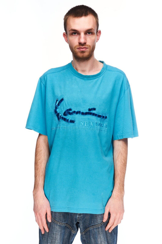 KARL KANI T-Shirt Blue Cotton Men's Short Sleeve Big Logo Tee Size L