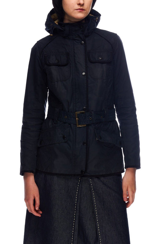 BARBOUR Hooded Belted Jacket Black Wax Cotton Women's Size 10 UK / 6 US / 38