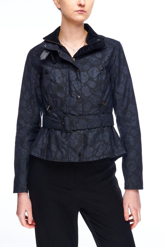 BARBOUR Jacket Black Women's Belted Floral Print Size 8 UK / 4 US / 34