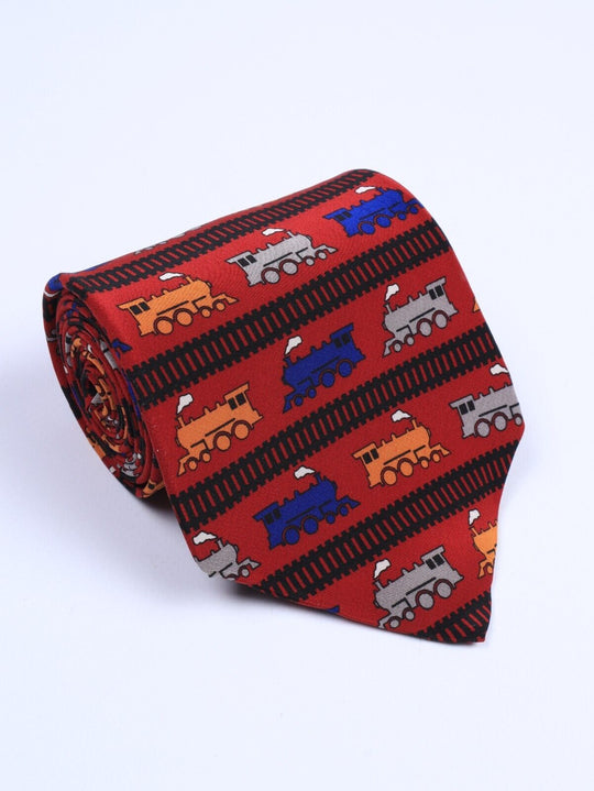 Vintage VICKY DAVIS Tie Silk Red Trains Mens Necktie