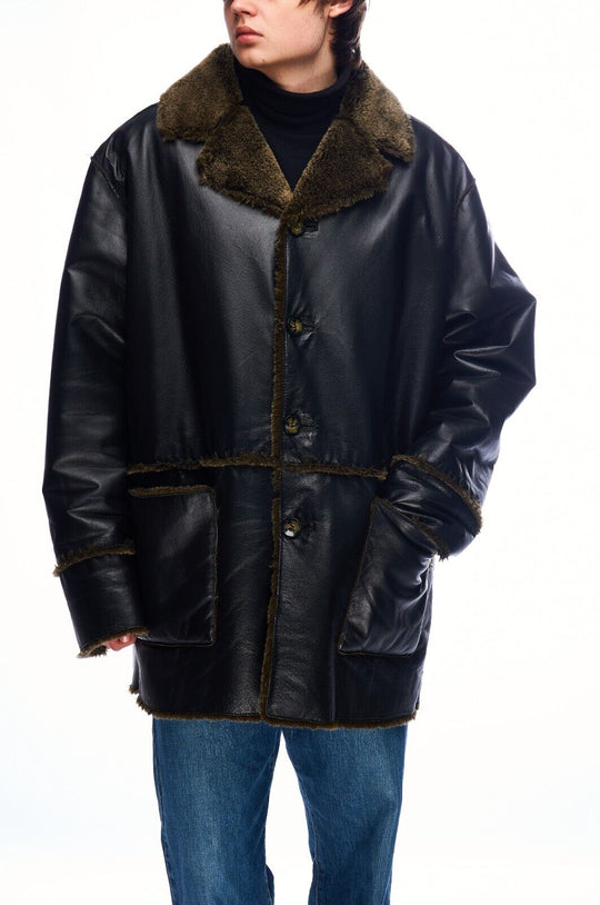 Vintage Jacket Black Leather Women's Oversize Sheepskin Coat Size XXL