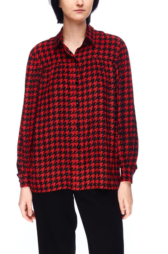 YSL YVES SAINT LAURENT Shirt Black Red Houndstooth Women's Button Up Size 44