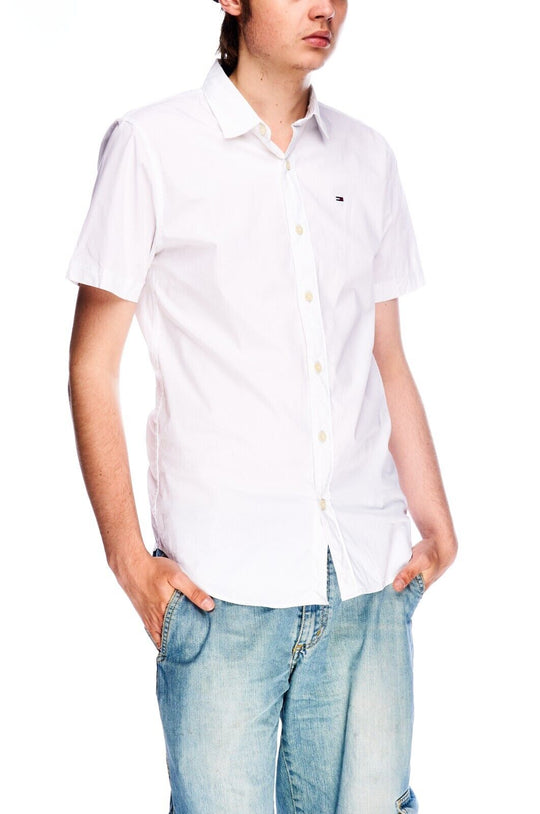 TOMMY HILFIGER Shirt White Cotton Men's Short Sleeve Slim Fit Size M